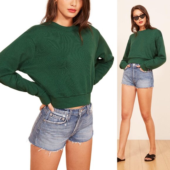 REFORMATION Hunter Rio Crew Neck Cropped Sweatshirt XS Pine Green SOFT Cozy - Picture 1 of 16
